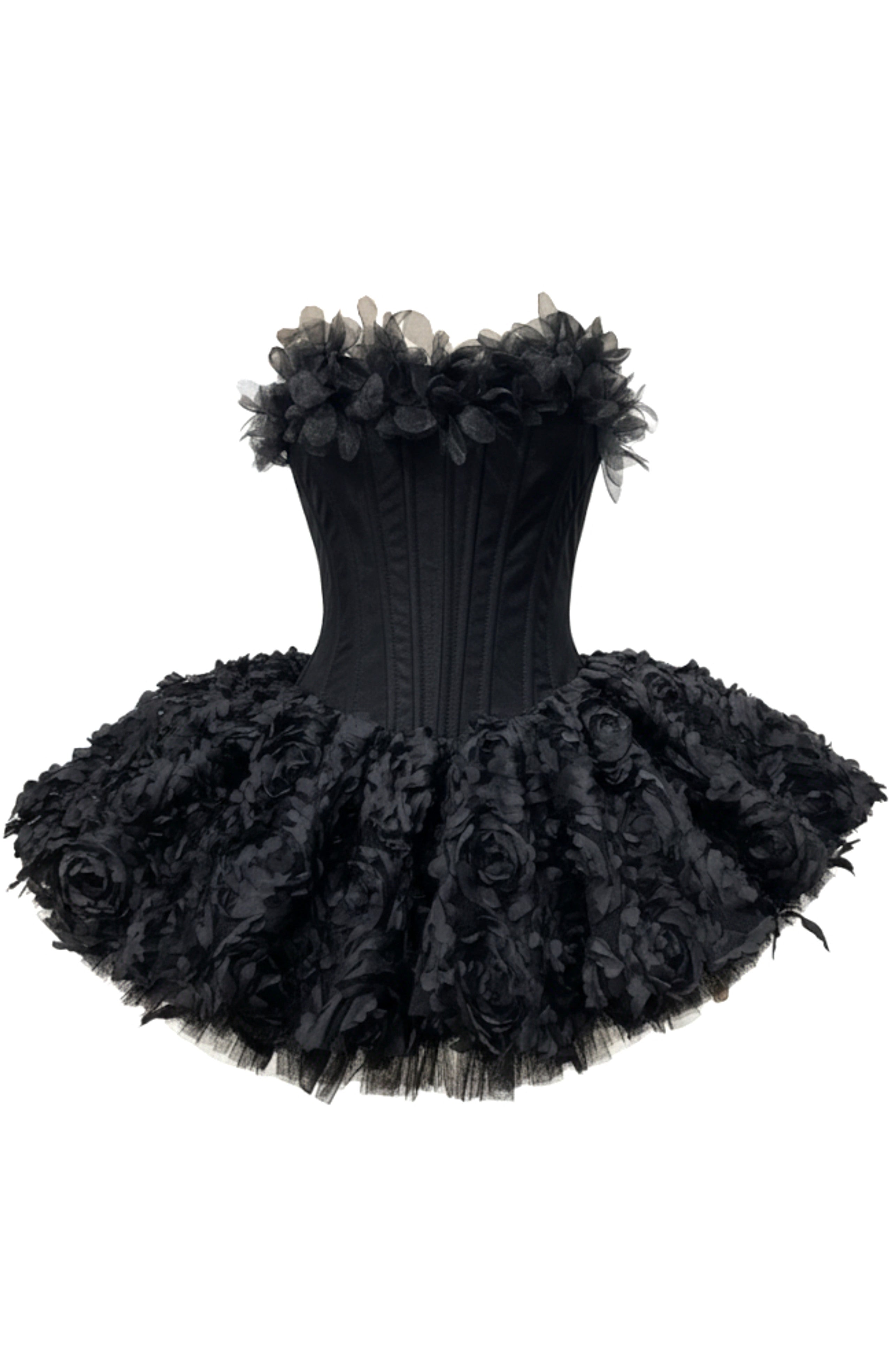 Lizzie Strapless Petal Floral Corset A Line Mini Dress In Black