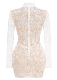 Yxalira Lace Jacquard Fishbone Bodycon Mini Dress In White