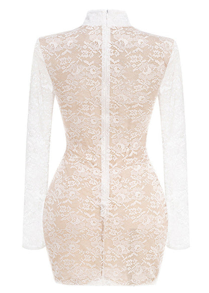 Yxalira Lace Jacquard Fishbone Bodycon Mini Dress In White