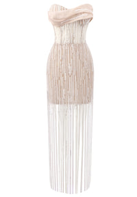 Dezba Strapless Sequin Tassel Maxi Dress In Nude