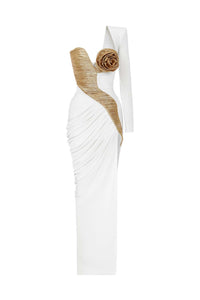 Tionne Details High Sut Maxi Dress In Gold White