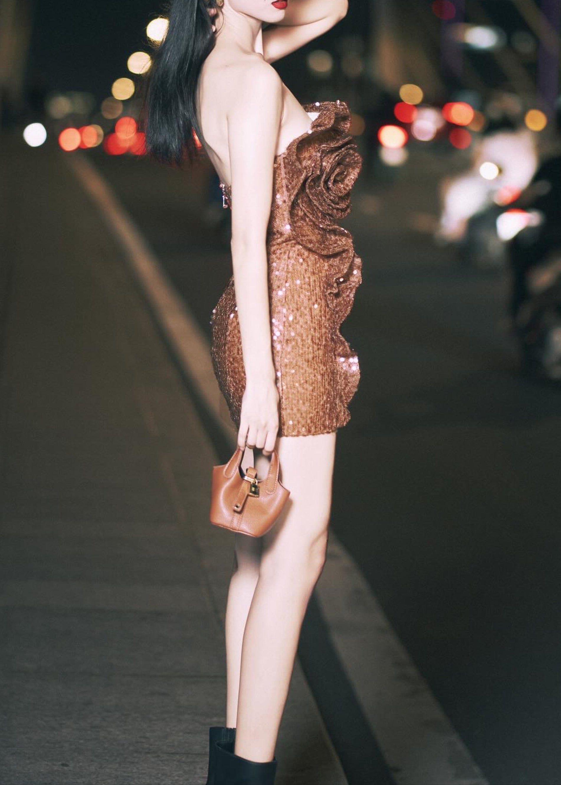 Jawahir Strapless Sequin Floral Ruffle Mini Dress In Brown