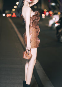 Jawahir Strapless Sequin Floral Ruffle Mini Dress In Brown