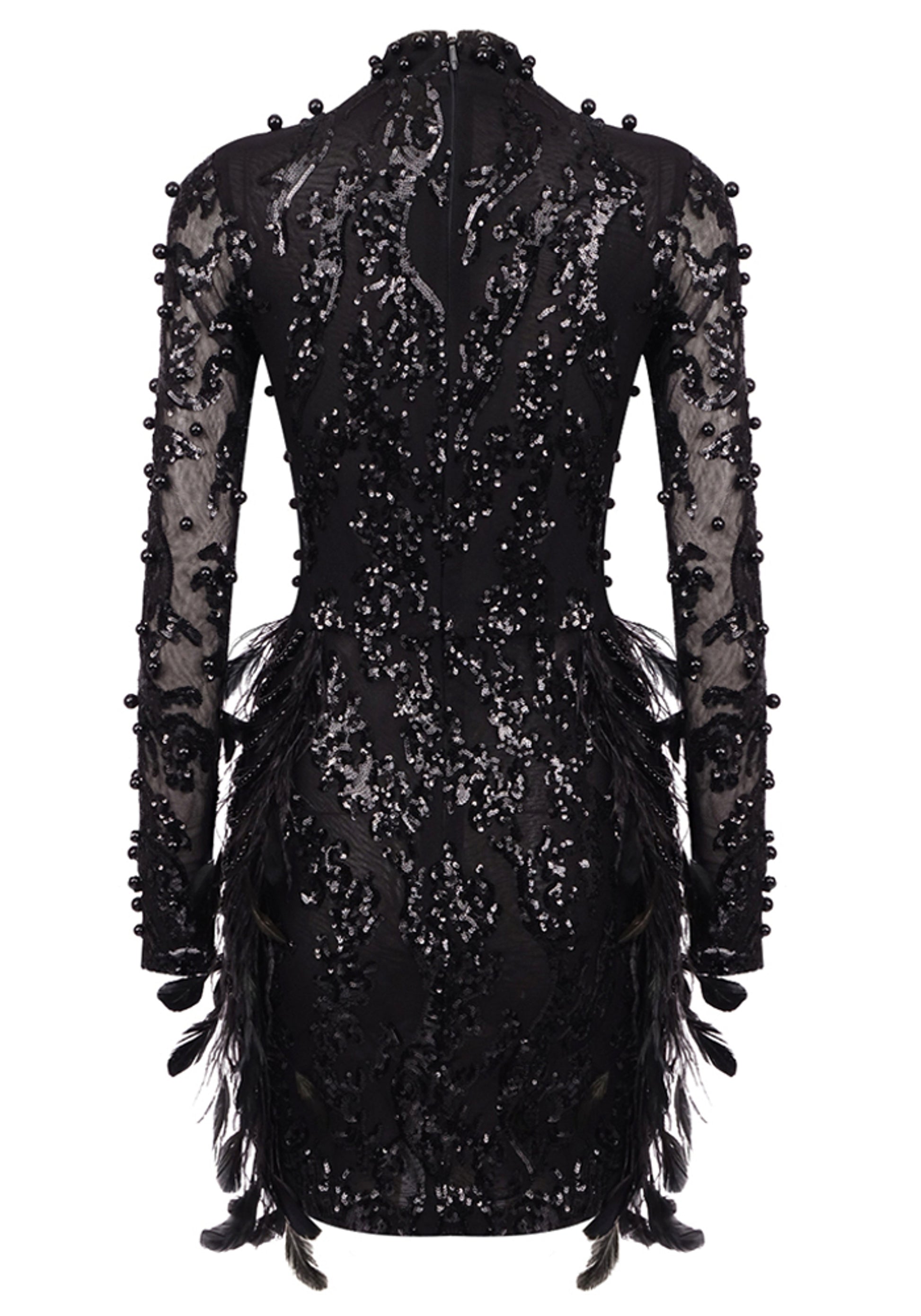 Arnell Long Sleeve Feather Sequin Mini Dress In Black