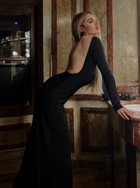 Meghyn Long Sleeve Draped Backless Maxi Dress In Black