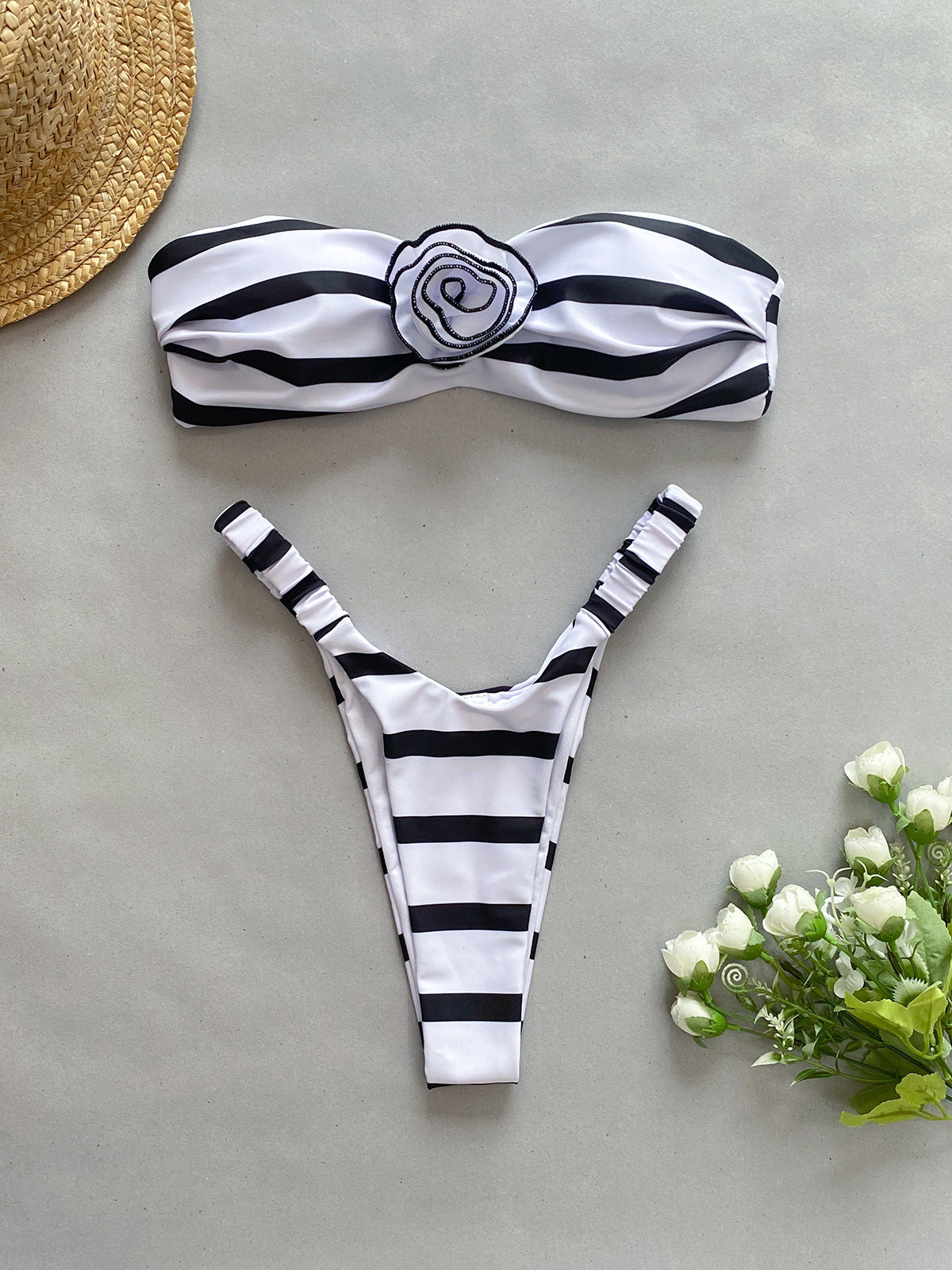 Abdiel Stripe Flower Bikini Two Piece Set