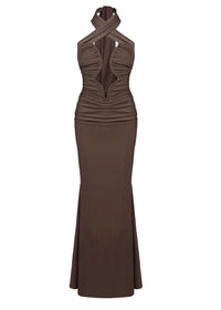 Lithany Halter Ruched Maxi Dress In Brown