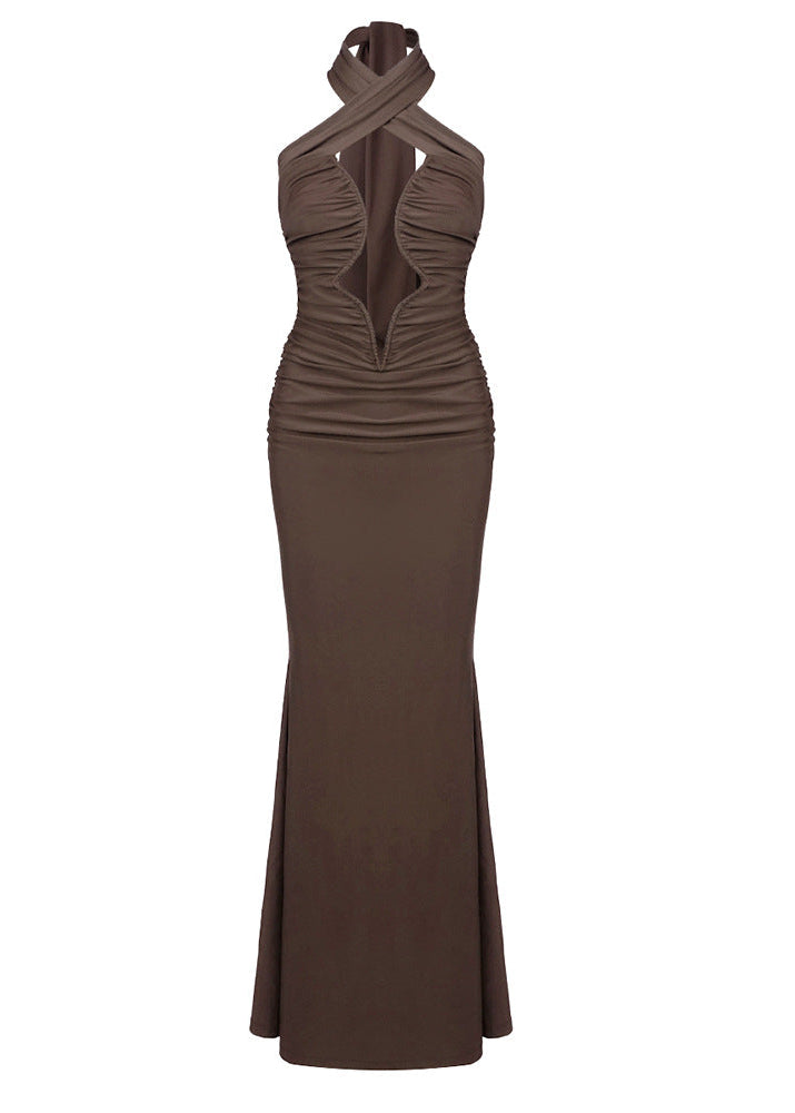 Lithany Halter Ruched Maxi Dress In Brown