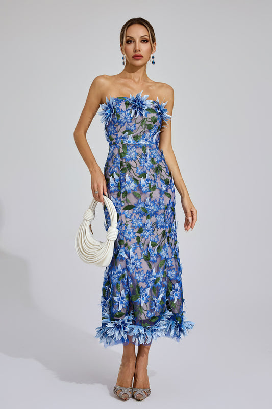 Chasity 3D Flower Embroidery Strapless Midi Dress In Blue