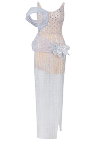 Rexmir Strapless Crystal Floral Maxi Dress Silver In Nude