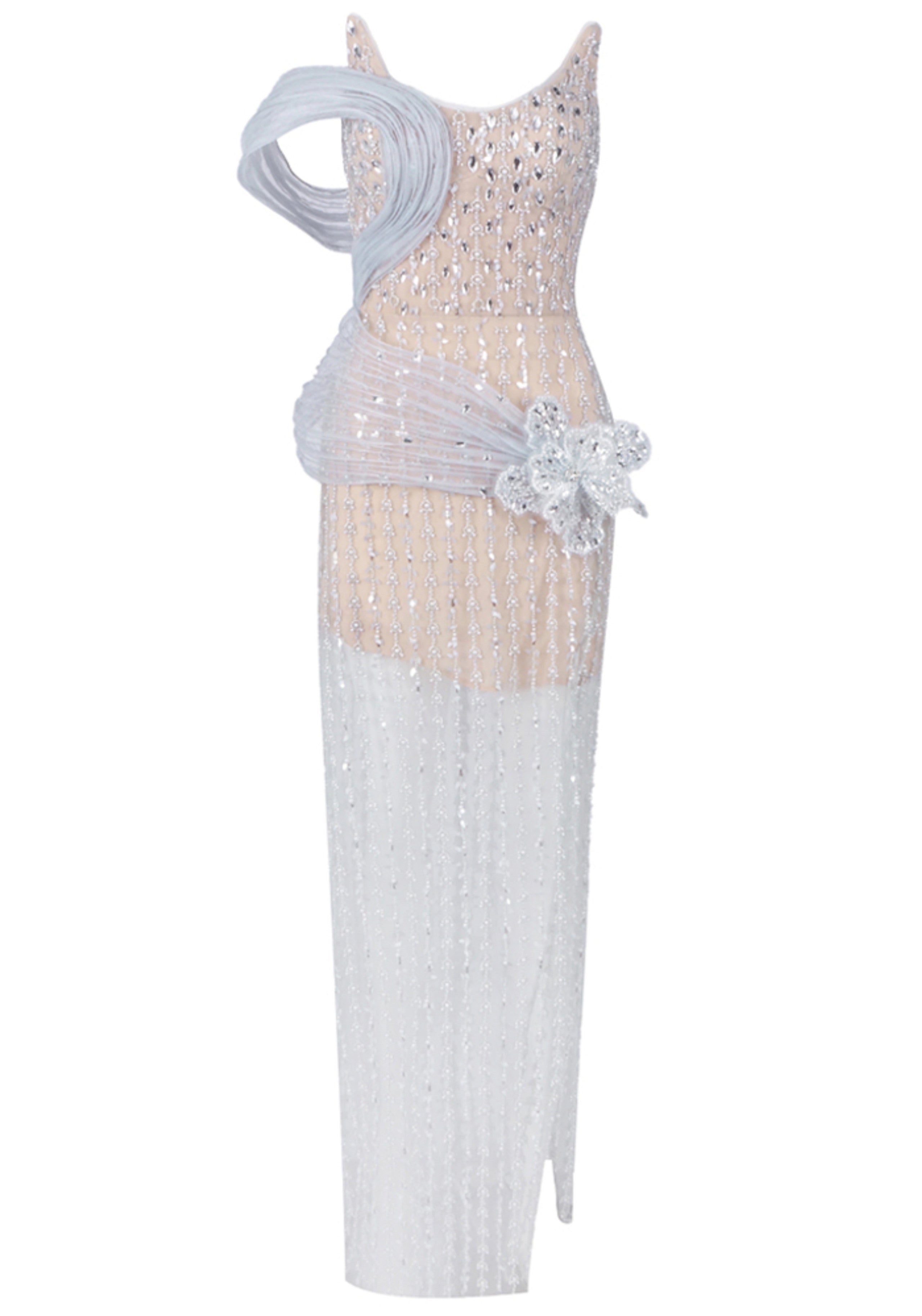 Rexmir Strapless Crystal Floral Maxi Dress Silver In Nude