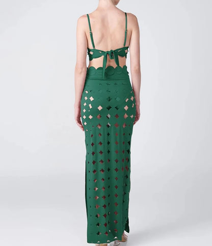 Naida Scalloped Three Piece Maxi Dress In Brown