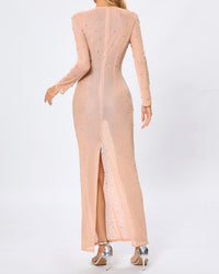Hilaria Long Sleeve Crystal Mesh Maxi Dress In Nude