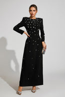 Bethel Long Sleeve Crystal A Line Maxi Dress In Black