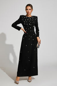 Bethel Long Sleeve Crystal A Line Maxi Dress In Black