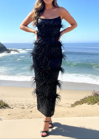 Incandra Strapless Feather Sequin Maxi Dress In Black
