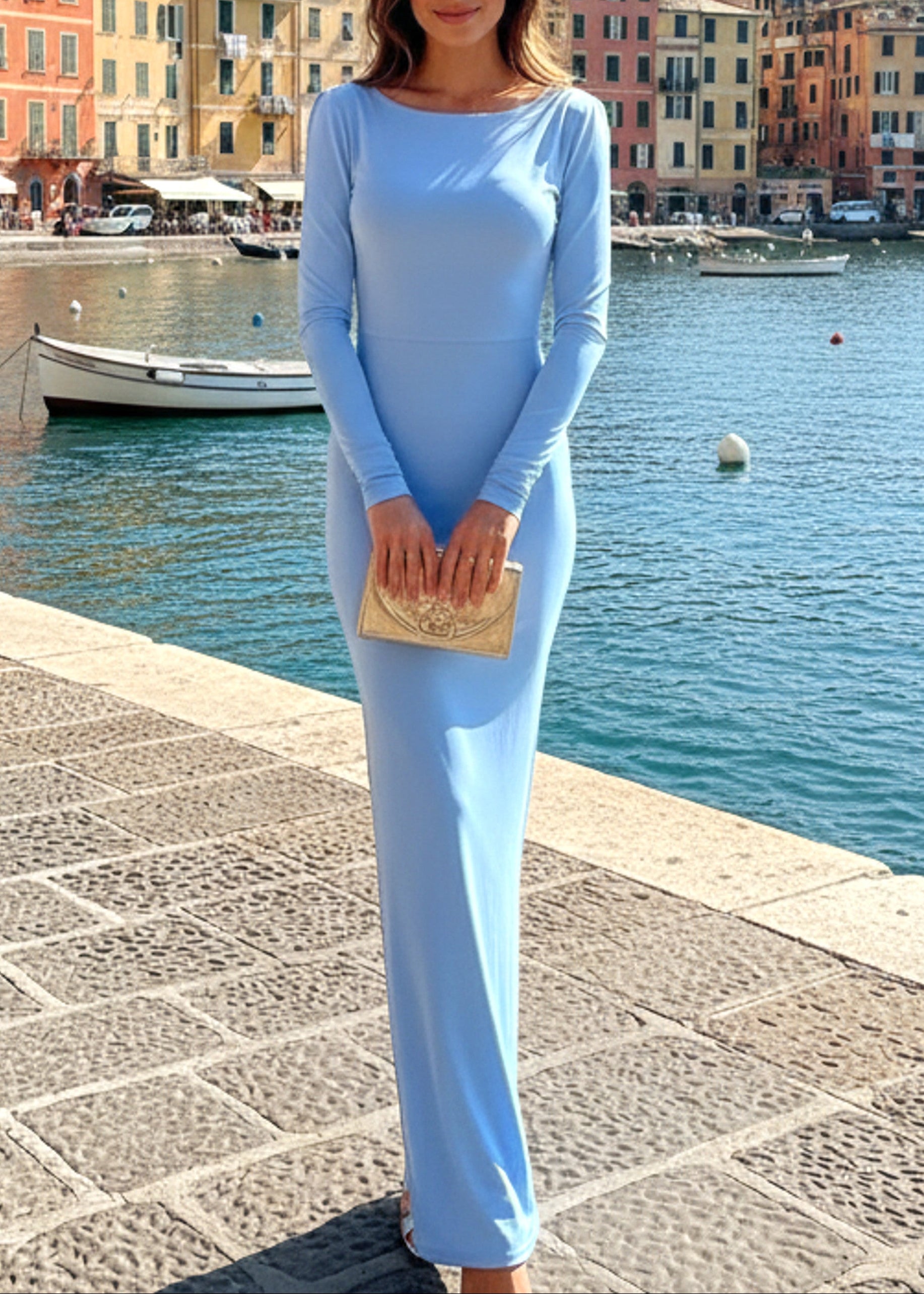 Implexor Long Sleeve Draped Back Maxi Dress In Blue