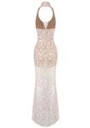Syssa Halter Embellished Lace Maxi Dress In Nude