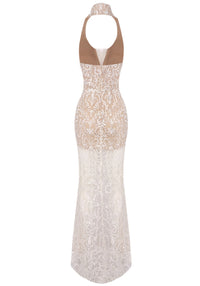 Syssa Halter Embellished Lace Maxi Dress In Nude