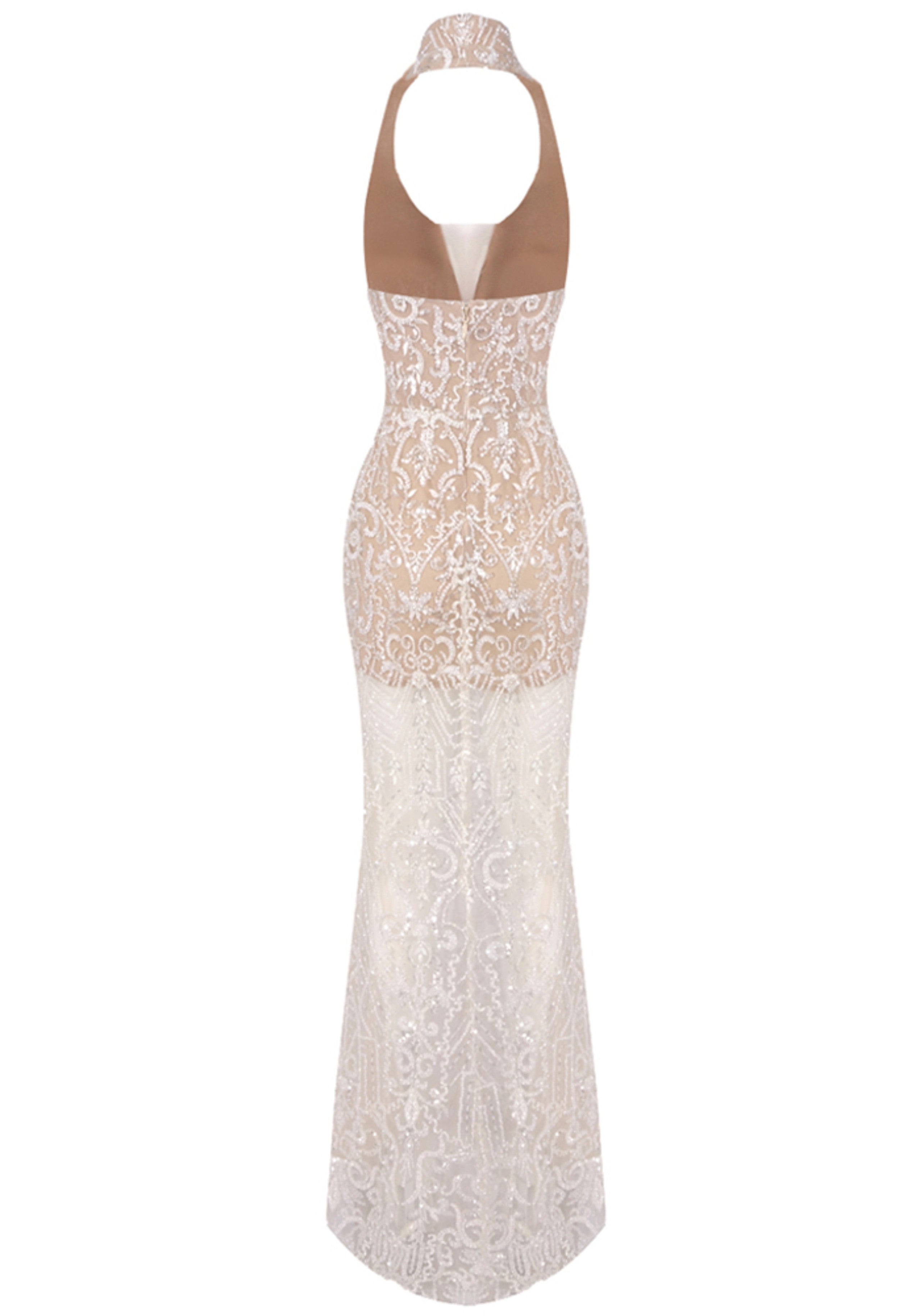 Syssa Halter Embellished Lace Maxi Dress In Nude