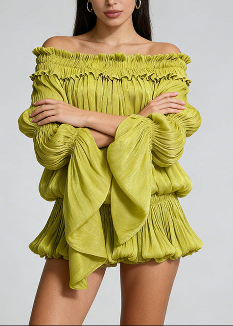 Hadeanix Long Sleeve Bardot Bubble Dress In Green