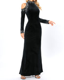 Bly Long Sleeve Pearl Crystal Maxi Velvet Dress In Black