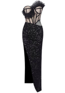 Myrviel Strapless Ruffle Corset Sequin Maxi Dress In Black