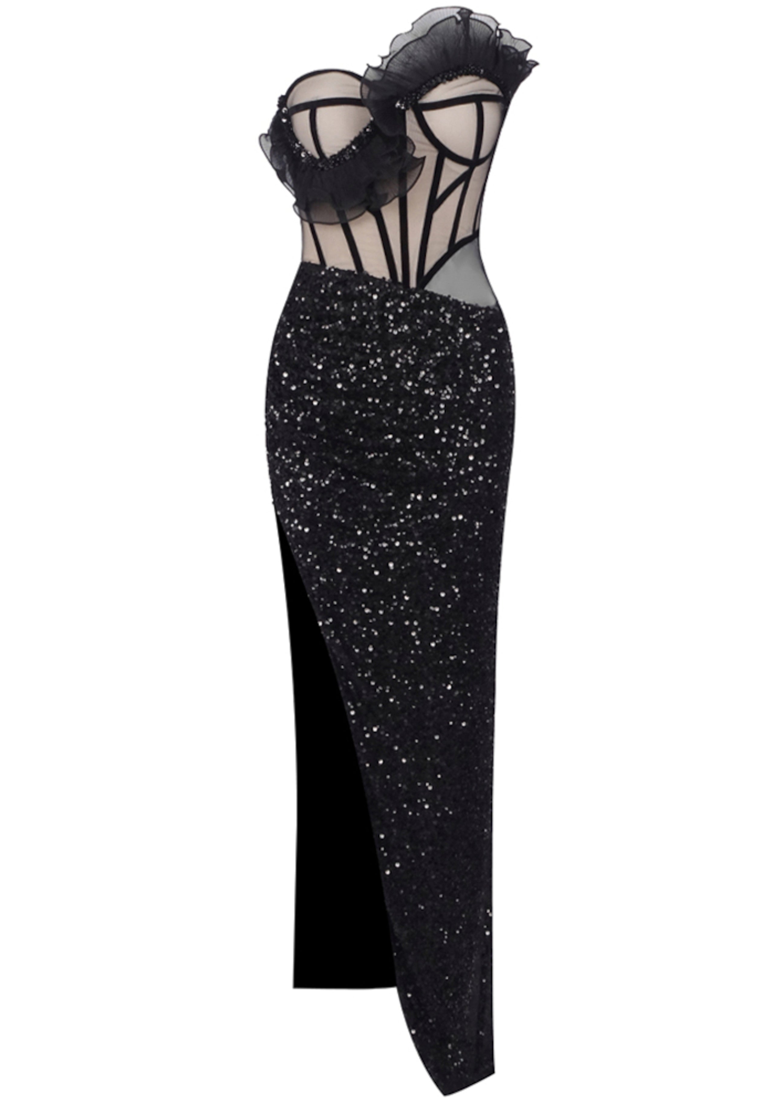 Myrviel Strapless Ruffle Corset Sequin Maxi Dress In Black