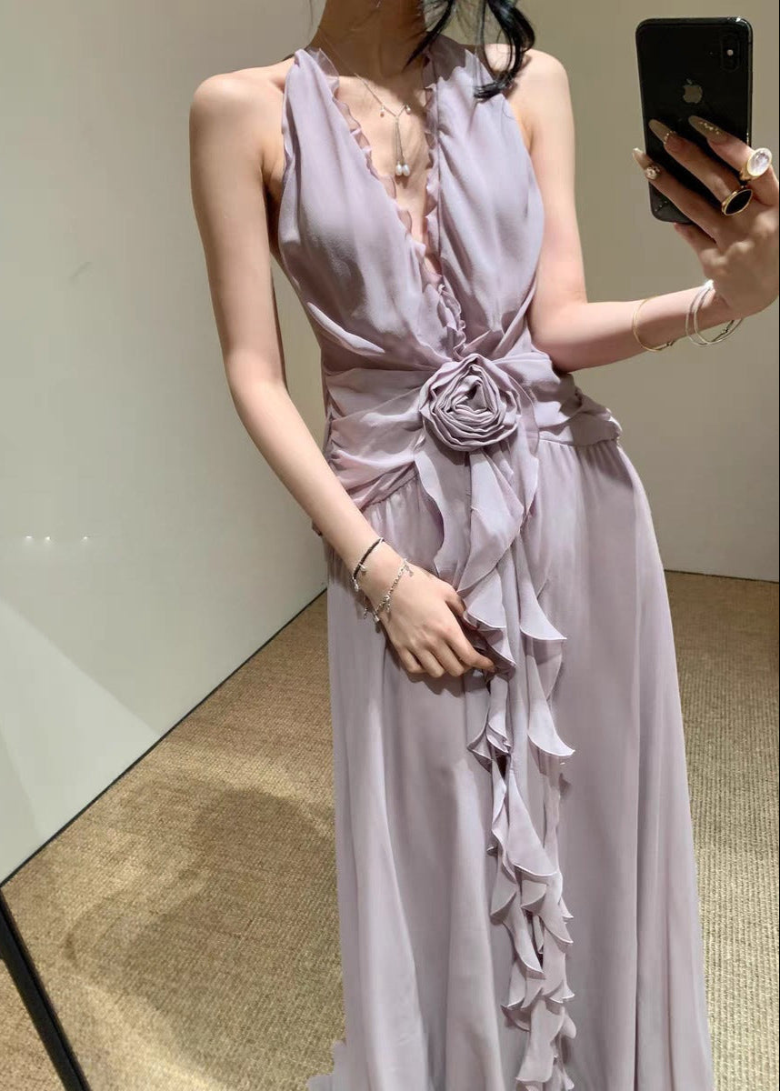 Cyvrix Floral Ruffle Halter Maxi Dress In Purple