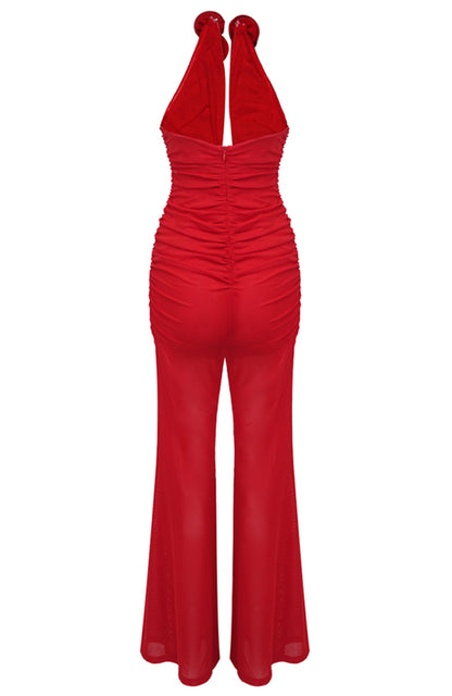 Aiyana Strapless Floral Ruched Jumpsuit In Red