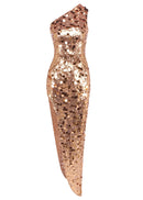 Celena One Shoulder Sequin Asymmetric Maxi Dress In Gold