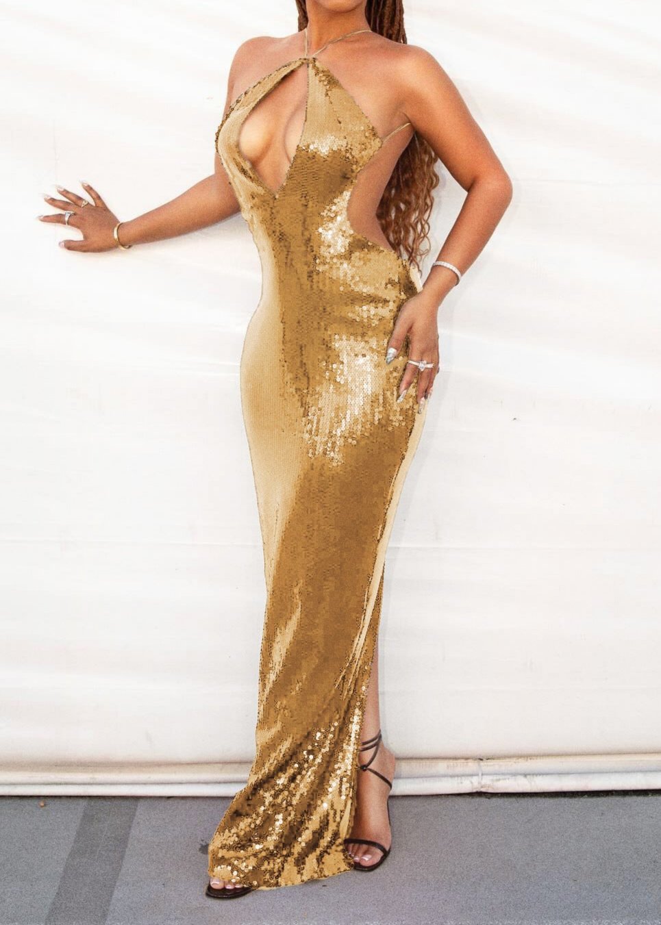 Sephra Front Cutout Backless Maxi Dress In Glod