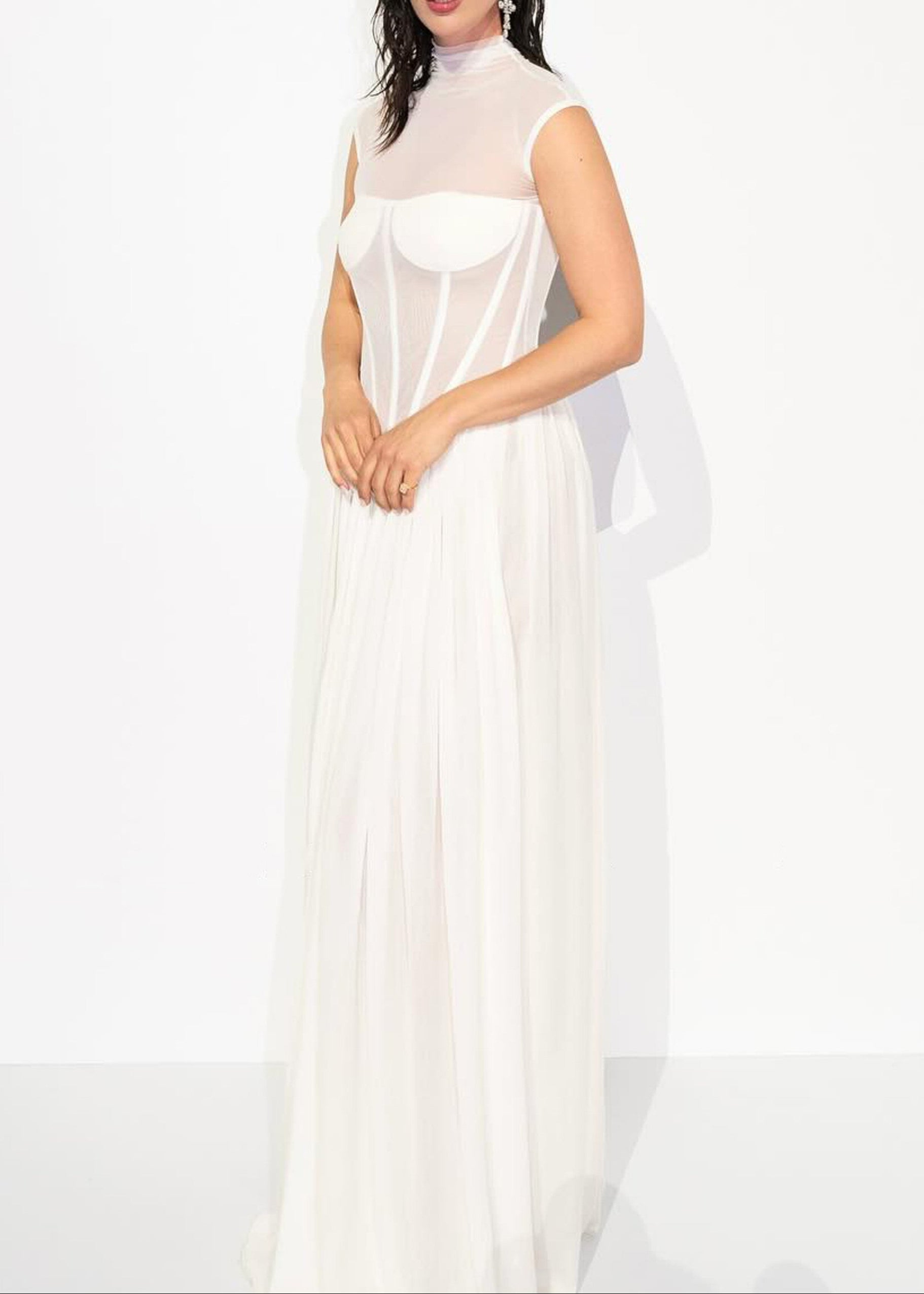 Sarayi Structured Mesh A Line Maxi Dress In White