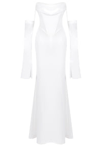 Radka Long Sleeve Strapless Draped Maxi Dress In White