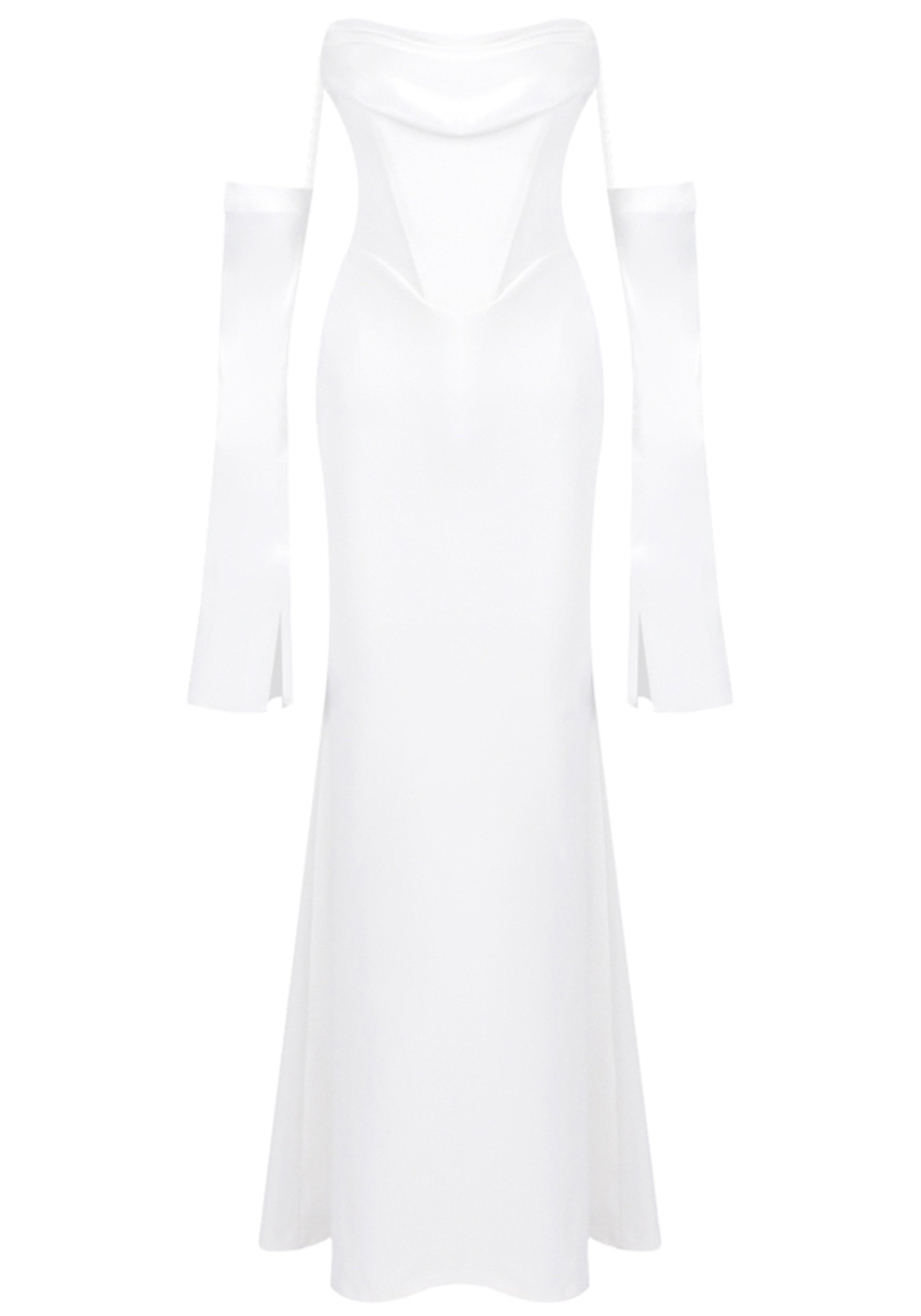Radka Long Sleeve Strapless Draped Maxi Dress In White
