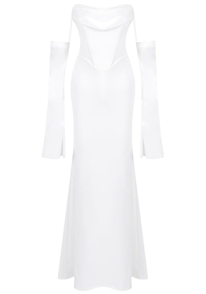 Radka Long Sleeve Strapless Draped Maxi Dress In White