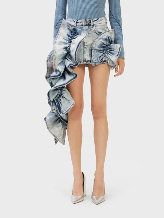 Kevon Acid Wash Ruffle Jean Skirt