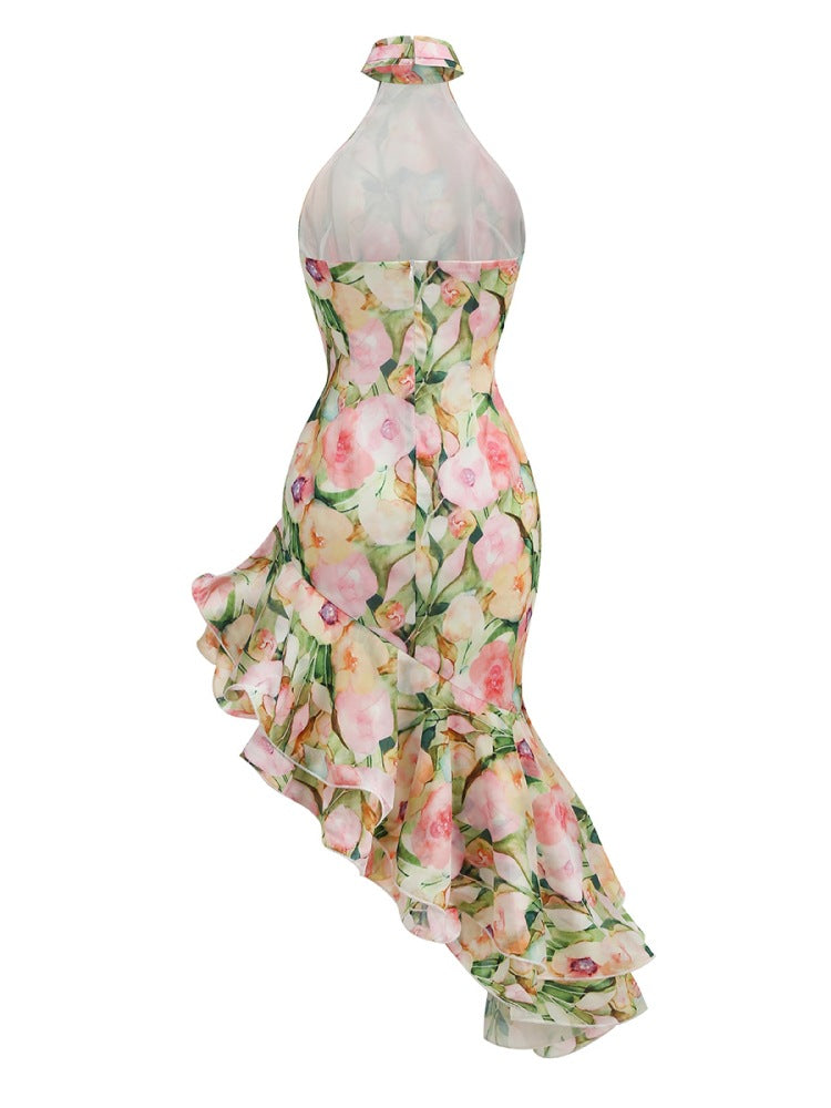 Isidore Asymmetric Floral Halter Midi Dress In Pink Green