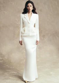 Qwerty Flower Embellished Jacket Skirt Set In White