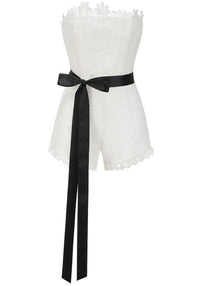 Leyati Strapless Floral Crochet Romper In White