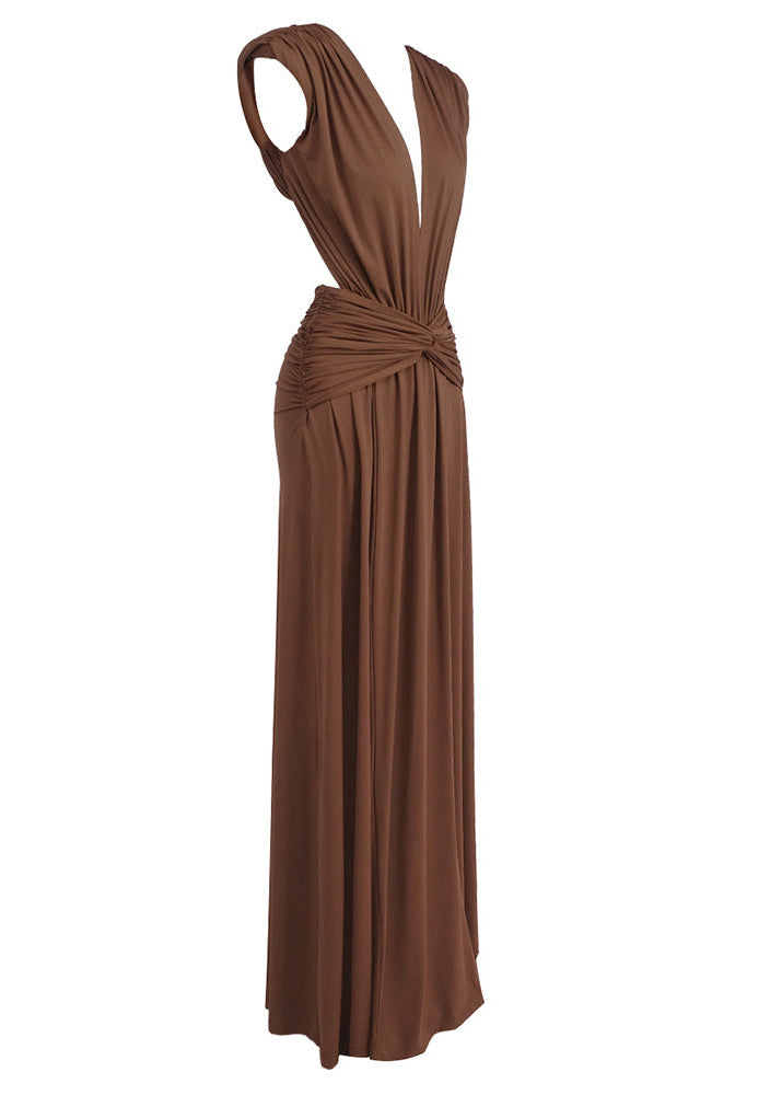 Velythar Gathered Sleeveless Deep V Maxi Dress
