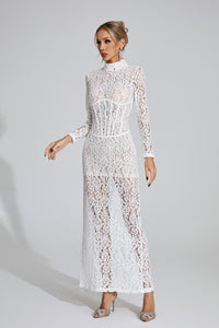 Heyren Long Sleeve Structured Lace Maxi Dress In White