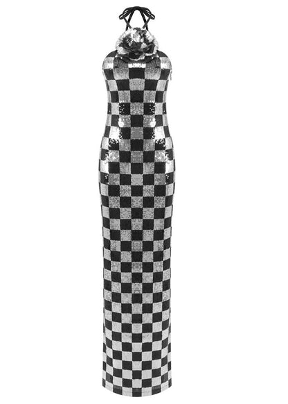 Genica Halter Floral Sequin Chess Maxi Dress In Silver Black