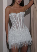 Imaginer Strapless Lace Tassel Mini Dress In White