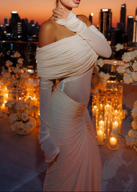 Geyeron Long Sleeve Draped Bardot Maxi Dress In Ivory