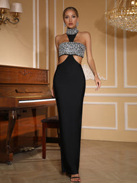 Icephor Halter Crystal Bustier Maxi Dress In Black