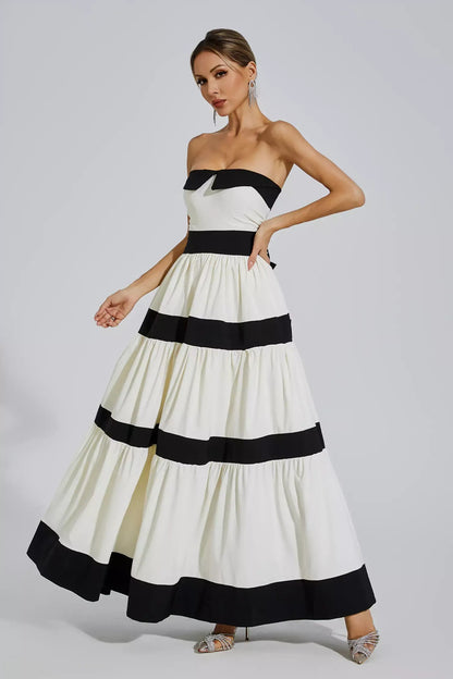 Jerryl Strapless Striped Bowknot Maxi Dress In White