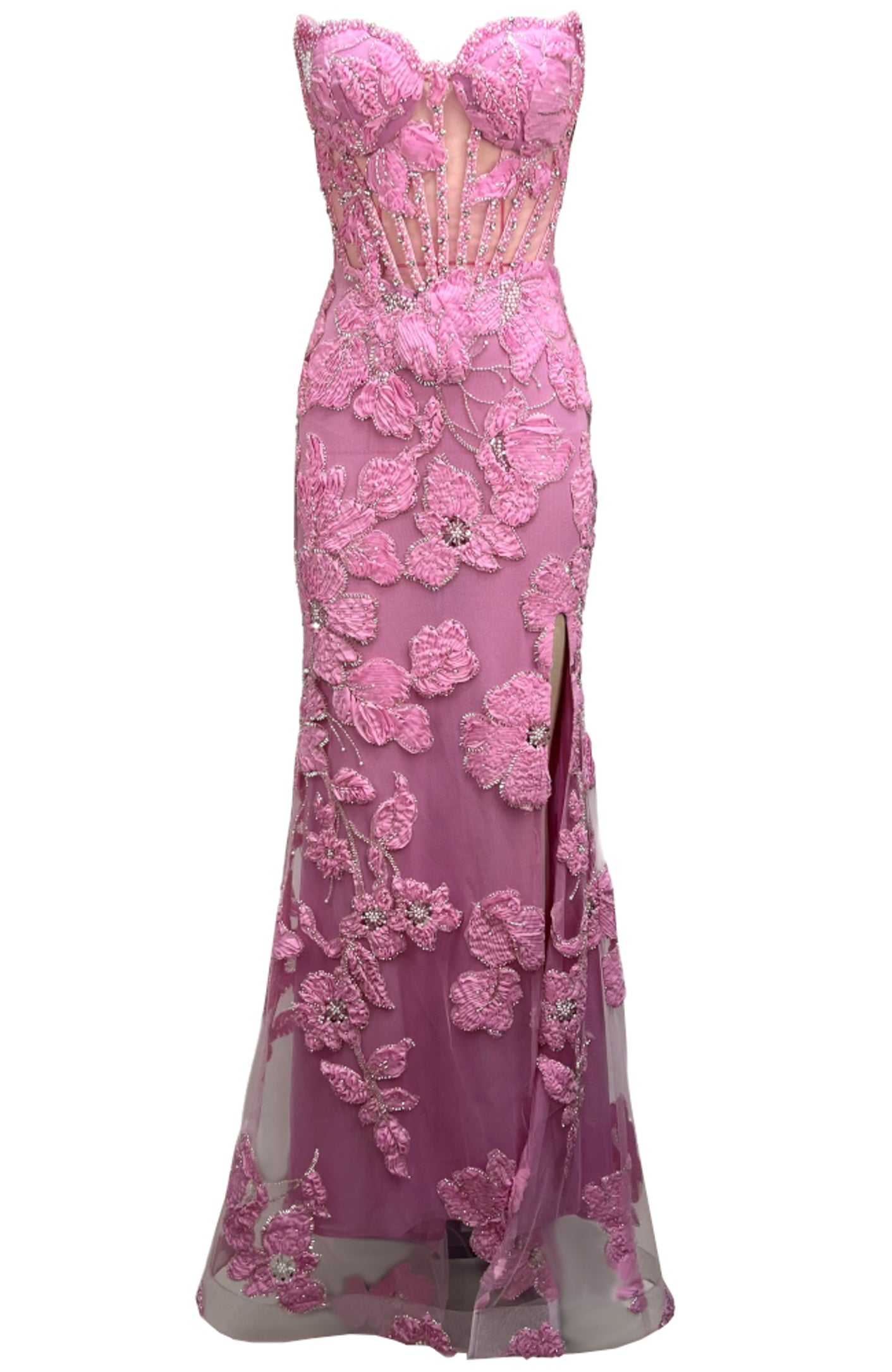 Lyrithia Strapless Embellished Floral Corset Maxi Dress In Pink