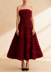 Ionocraft Strapless Floral A Line Midi Dress In Red