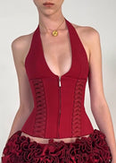 Kovriel Halter Lace Up Corset Top In Red
